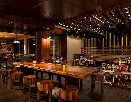 A cozy, dimly lit restaurant features wooden tables, stools, colorful chairs, hanging plants, and warm lighting throughout the space.