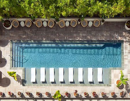 An aerial view of a pool with white sun loungers, plants surrounding, and seating areas on both sides, bordered by greenery.
